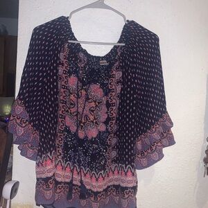 Bila Black Paisley Boho Peasant Blouse XL